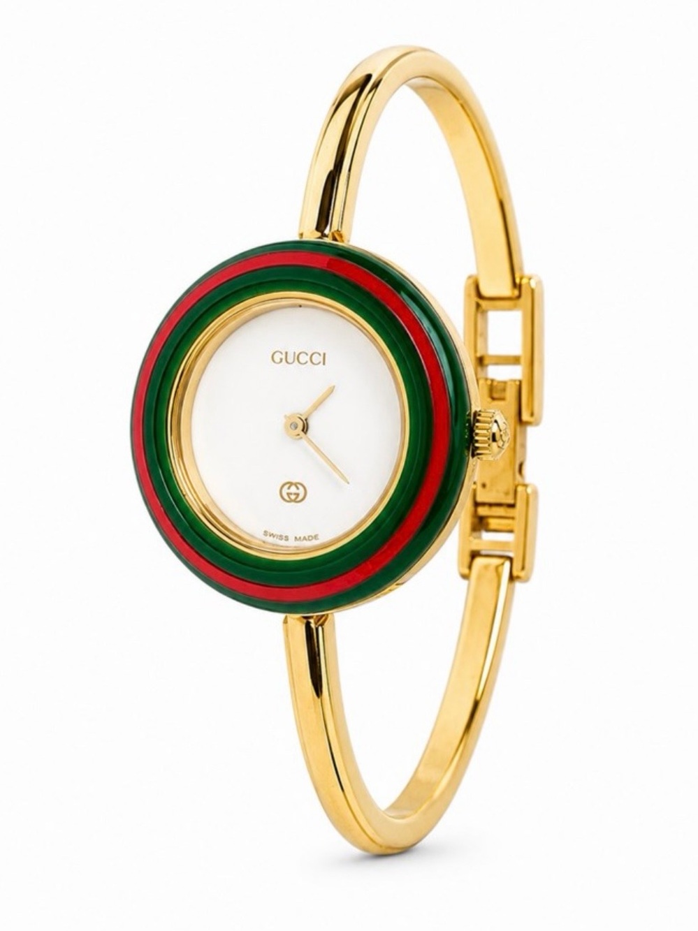 Gucci Gold Bangle Watch with Green and Red Bezel